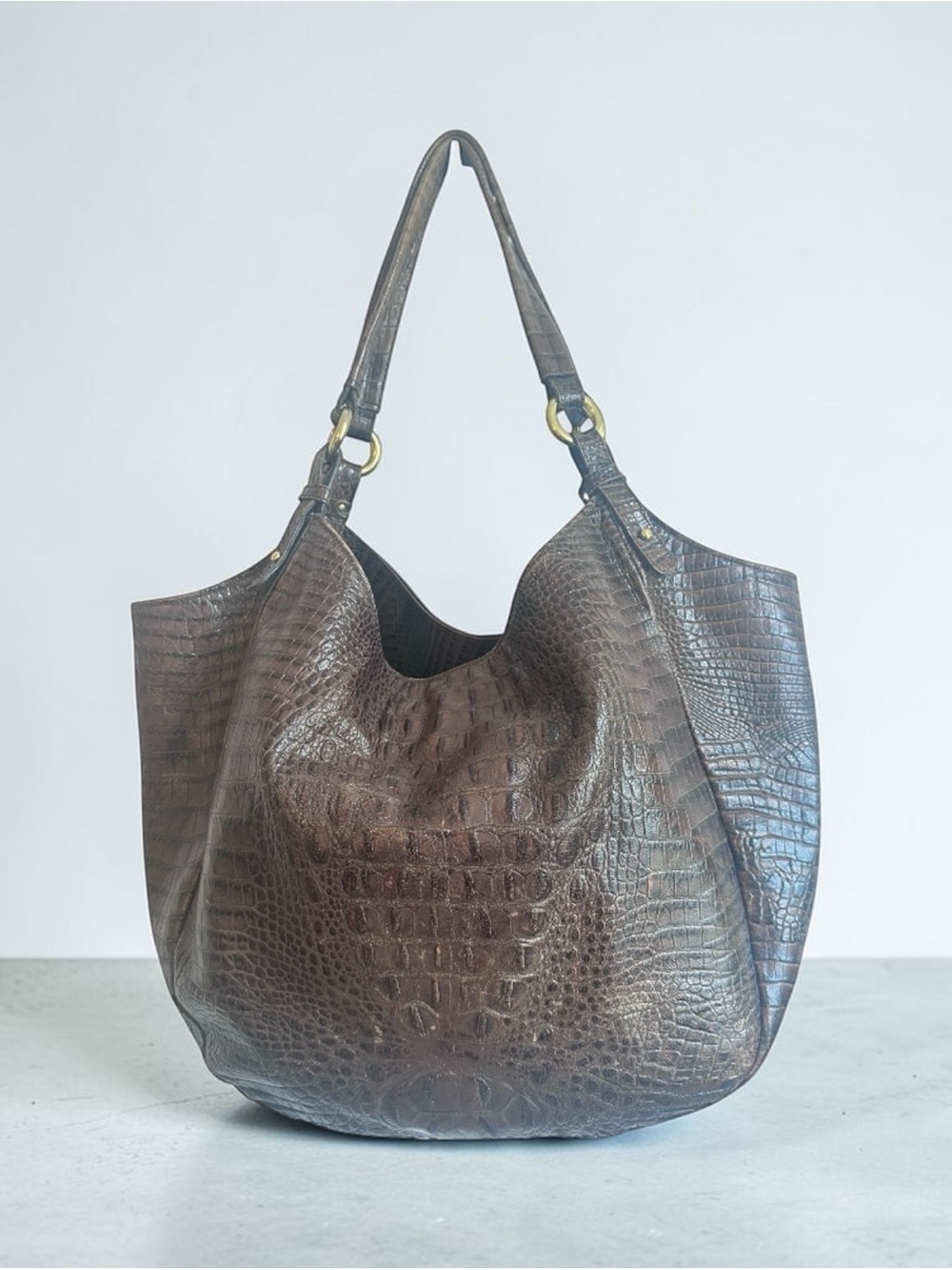 Brahmin Double Strap Brown Croc Embossed Leather Hobo Shoulder Bag Carryall